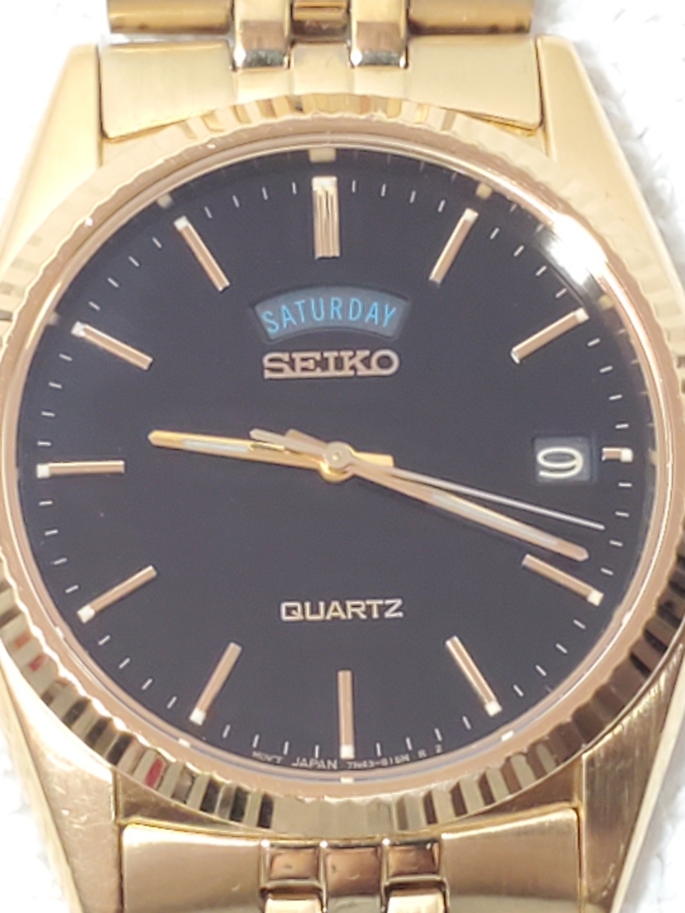 Vintage Seiko Men's Presidential Day Date Gold Tone Watch Black Dial One Jewel